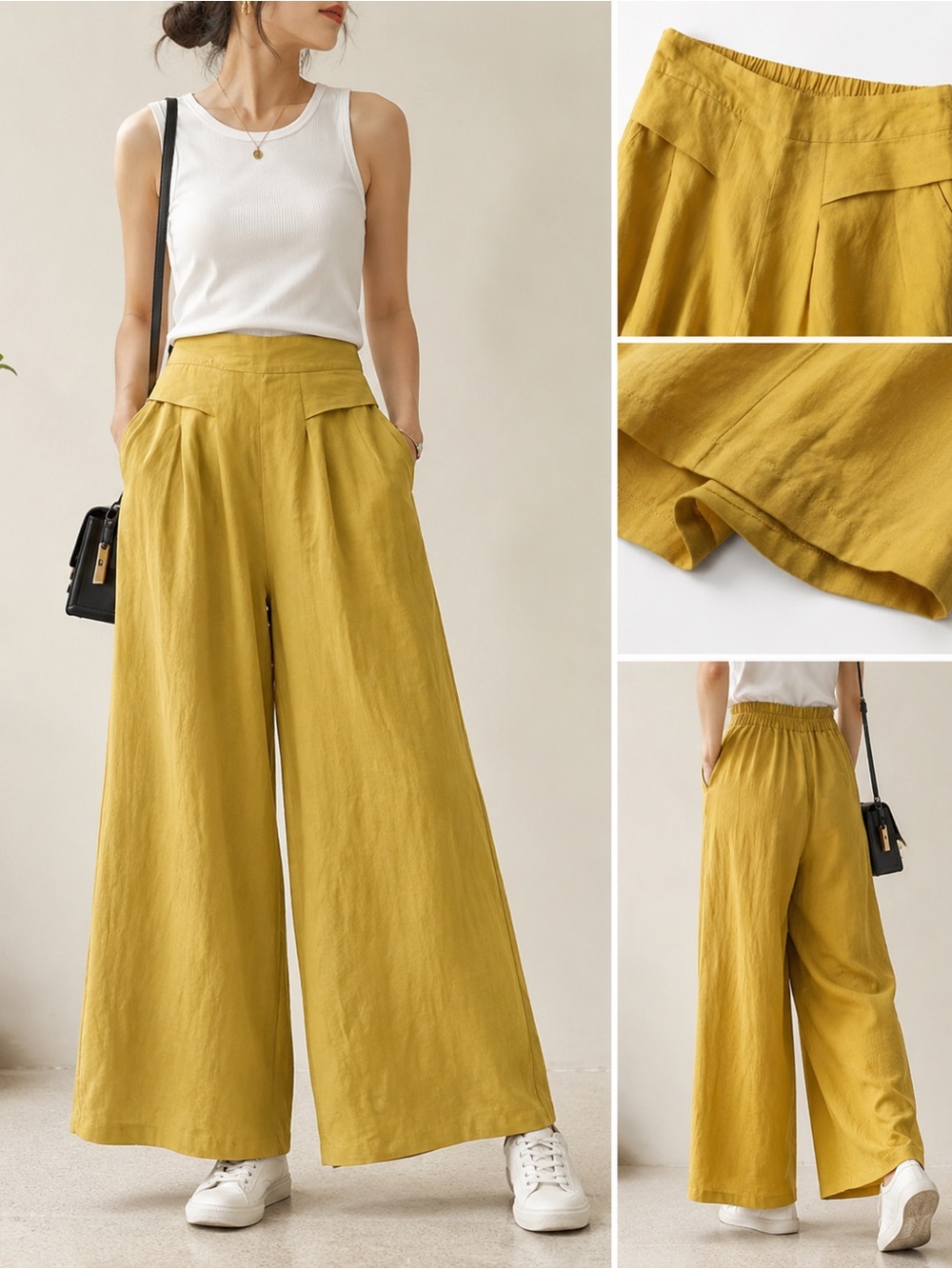 Wide-Leg Linen Blend Wide Pants in Mustard